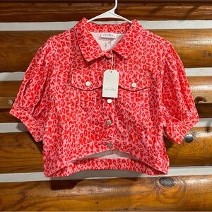 Emily Wonder Red and Pink Leopard Print Cropped Corduroy Jacket medium‎